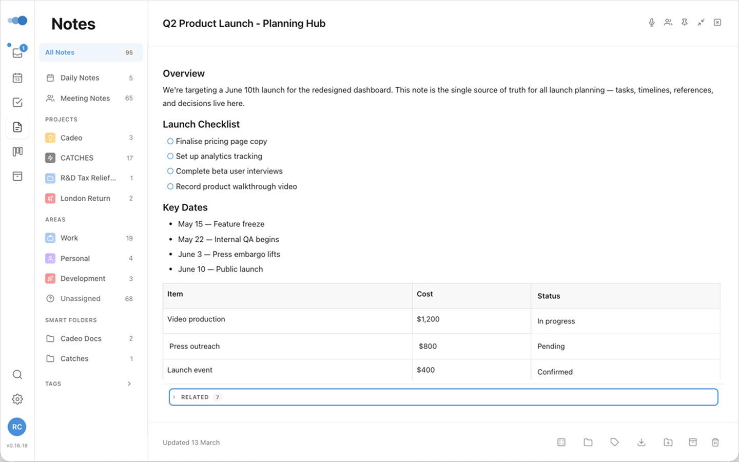 Cadeo note editor showing rich text formatting and insert menu