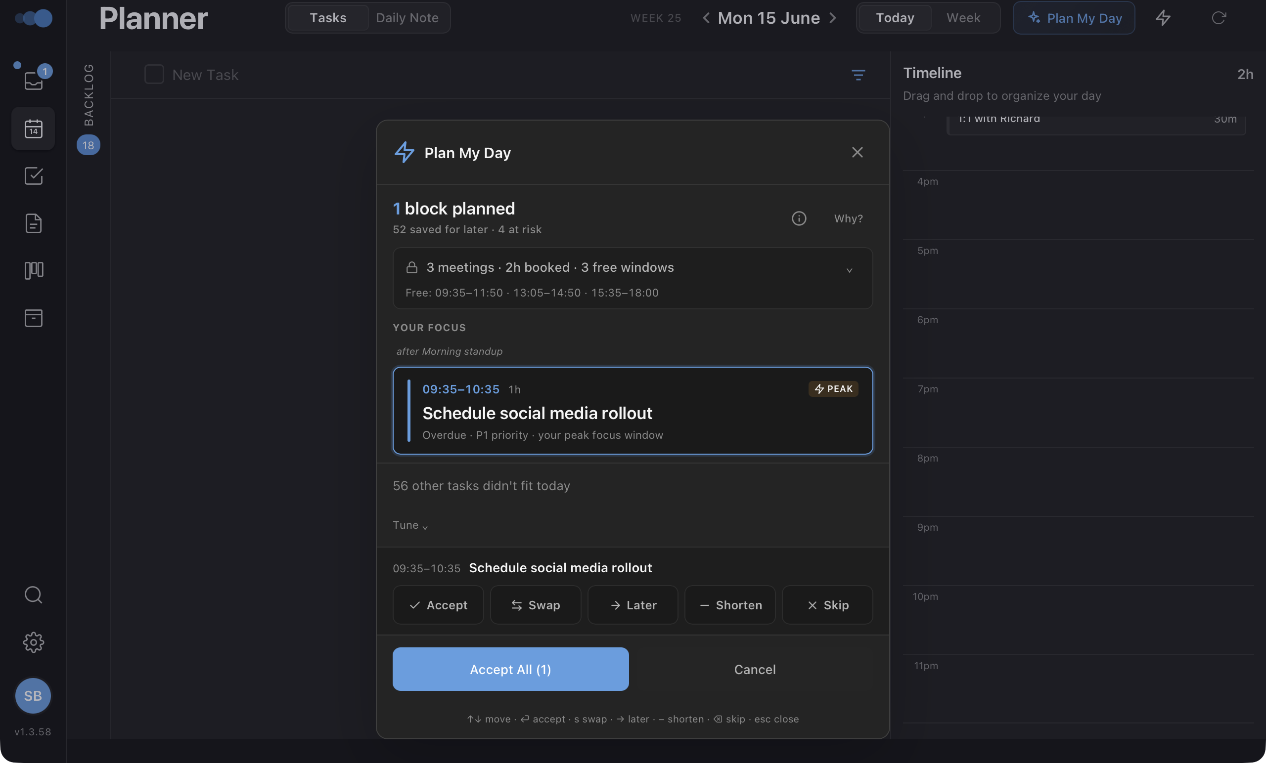 Plan My Day drafting a realistic schedule with AI — accept, swap, shorten or skip each block